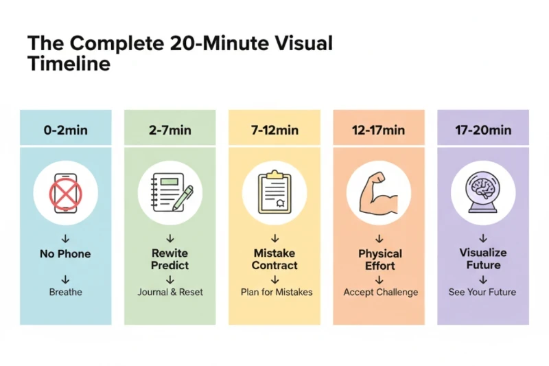 The diagram of "The complete 20-minute visual timeline" to have visual picture of the whole 20-minute morning mindset routine. 
