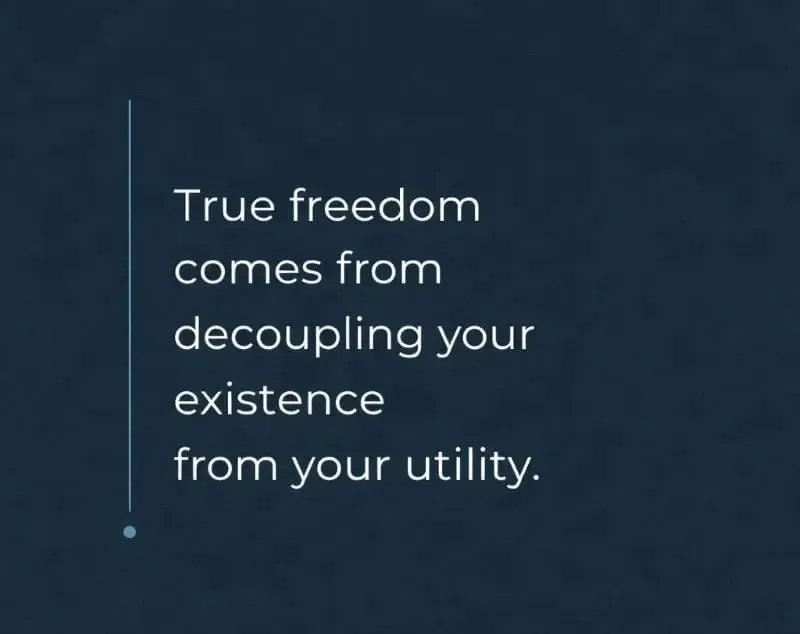 The quote image "True freedom comes from decoupling your existence from your utility" to show the need to exist without needing to explain, justify, or labeling what you are doing. 