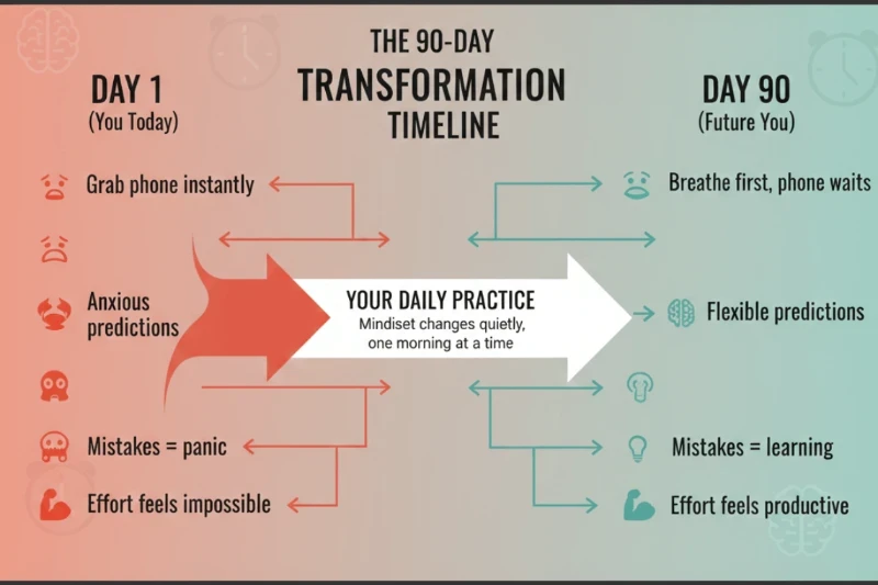 The diagram of "the 90-day transformation timeline" to show how our mindset changes quietly, one morning at a time. 