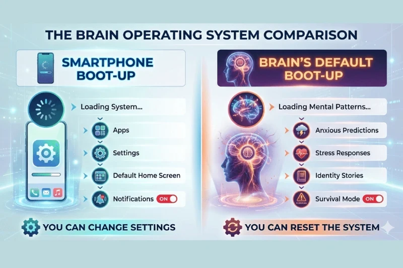 The diagram comparing the brain with smart phone to show how we can reset our mindset as we reset our smartphone. 