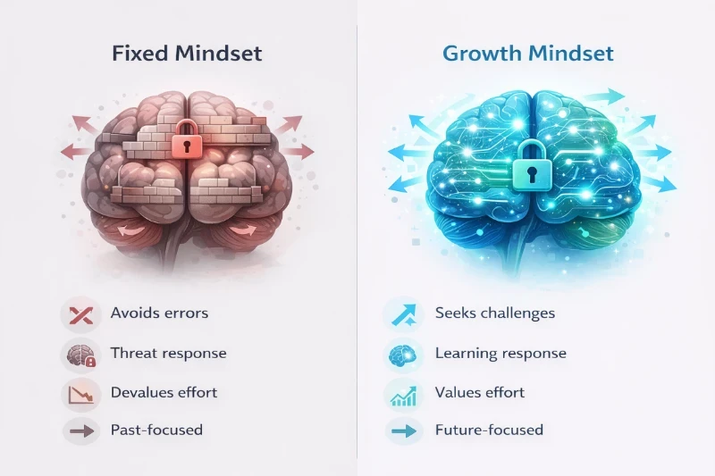 Visual diagram to show the difference between fixed mindset vs growth mindset. 