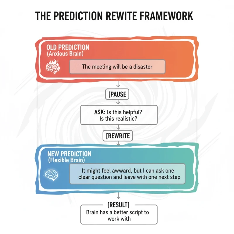 Diagram of the prediction rerite framework to show how we can give a different script to our brain to run. This may help us to reset our mind. 
