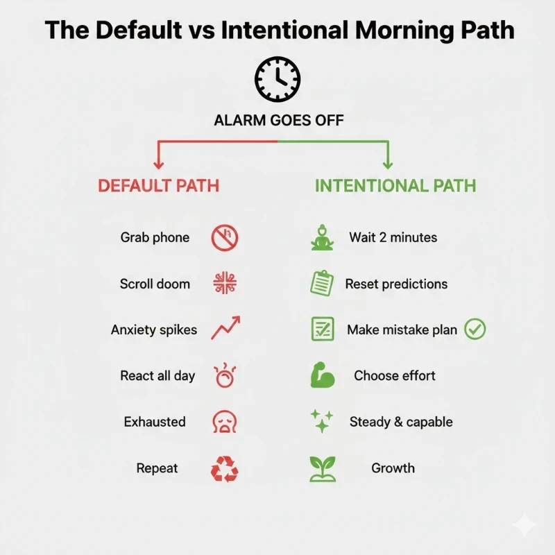 The diagram of "the default vs intentional morning path" to show how we can intentionally live our day by reseting our morning routine mindset.