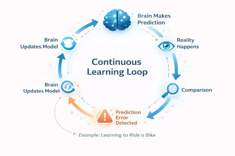 Diagram of a contious learning loop that shows how prediction error improves our capacity to learn. 