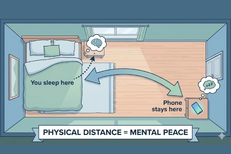 Diagram of the bed and where we keep the phone to show keep our phone distant from our bed may break the automatic grab-and-scroll habit.  