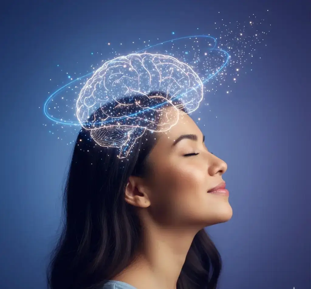 Drawn image of the brain on the head of smiling and serene face of the lady to show the effect of the growth mindset 