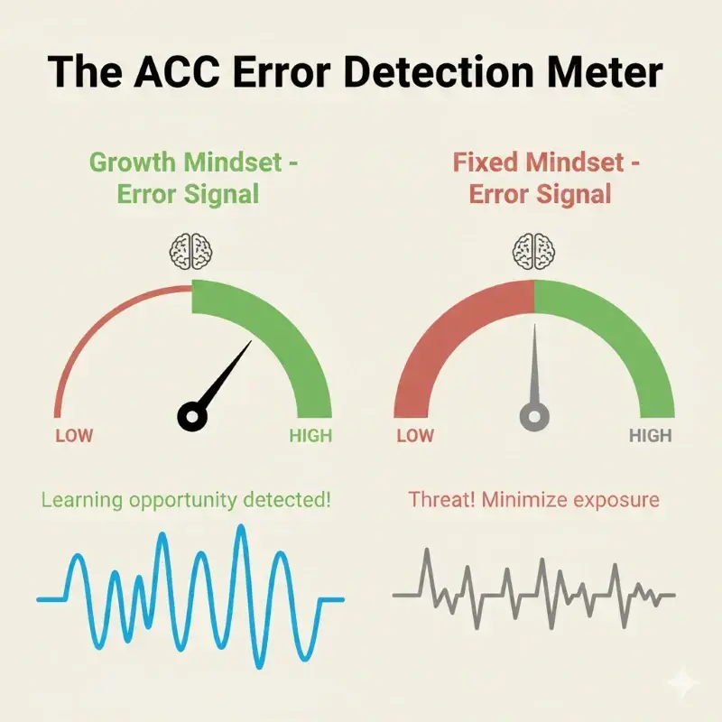 The diagram of Antrior Cingulate Cortex (ACC) error detection meter to show how growth and fixedmindset process the error.
