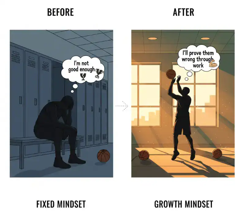 A comic stripe of basket player in fixed vs growth mindset to show how our mindset plays a vital role in our professional growth. 