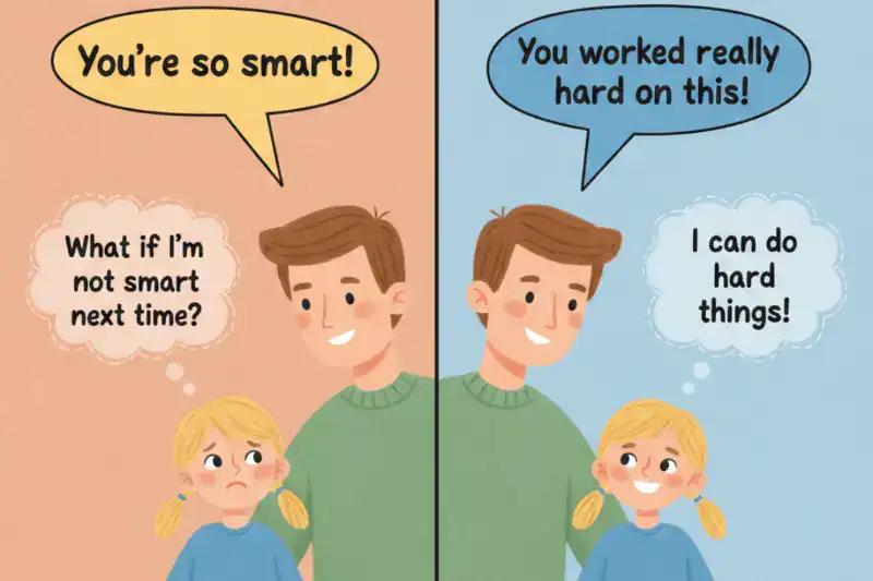 The image of a child and parent prasing the child that shows the cause-and-effect of different praise styles. This shows how use praise for the growth mindset. 