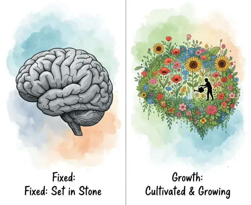 Image of the fixed brain as a stone and growth brain with growing flowers to show growth mindset brain can be cultivated and growing. 