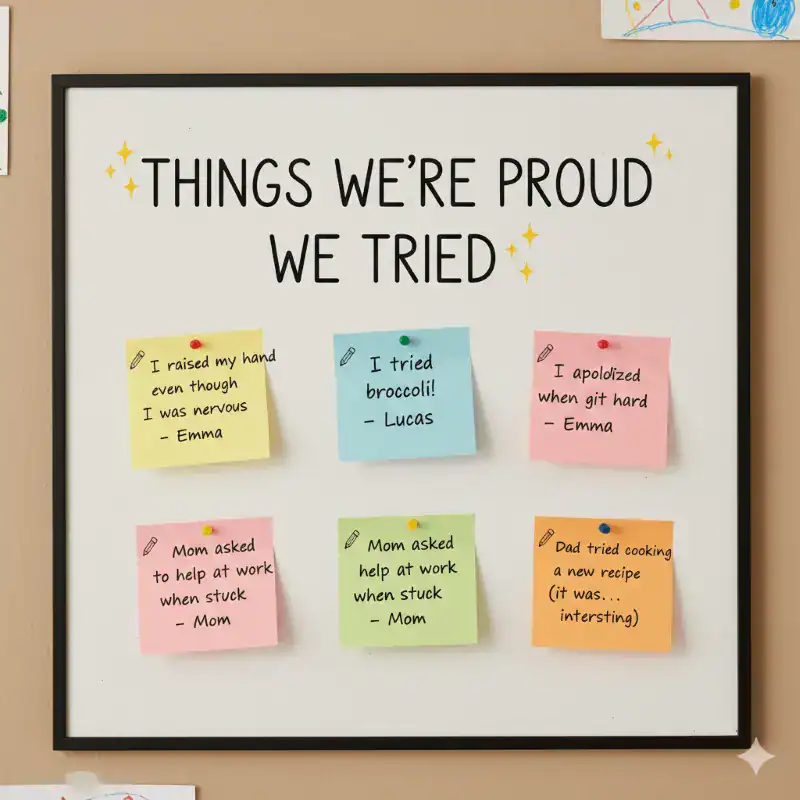 The image of the growth mindset model board called "Things we are proud we tried? This gives readers a concrete template to use in their home. 