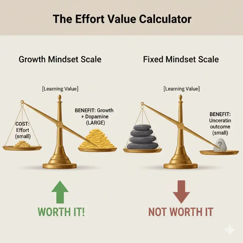 The diagram of the effort value calculator to show how growth and fixed mindset values the effort of trying.