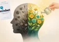 The silhouette human head divided in two parts: one side is wilted grey plants and dry flowers, instead other side thriving garden with growing flowers to show the difference between growth and fixed mind.