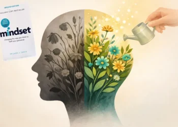 The silhouette human head divided in two parts: one side is wilted grey plants and dry flowers, instead other side thriving garden with growing flowers to show the difference between growth and fixed mind.