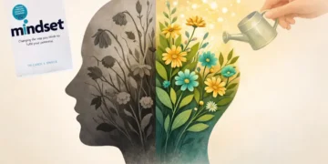 The silhouette human head divided in two parts: one side is wilted grey plants and dry flowers, instead other side thriving garden with growing flowers to show the difference between growth and fixed mind.