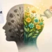 The silhouette human head divided in two parts: one side is wilted grey plants and dry flowers, instead other side thriving garden with growing flowers to show the difference between growth and fixed mind.