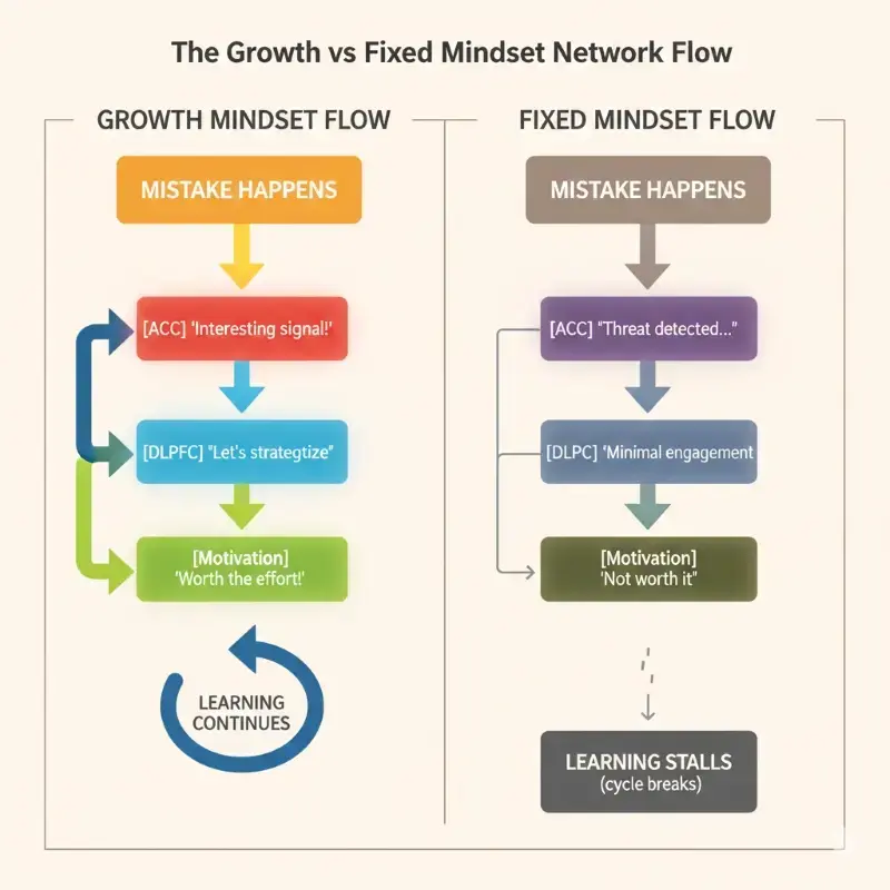 The diagram of the growth vs fixed mindset network flow to show how the regions of brain work together and communicate each other. 