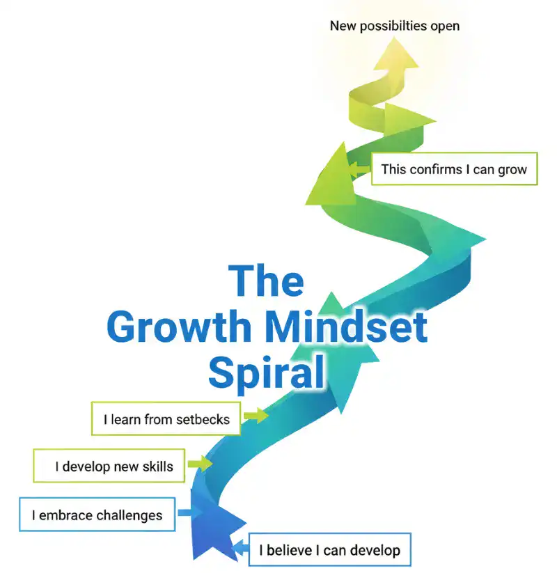 The diagram of growth mindset spiral to show our growth mindset always keeps us on the path of learning and moving forward.