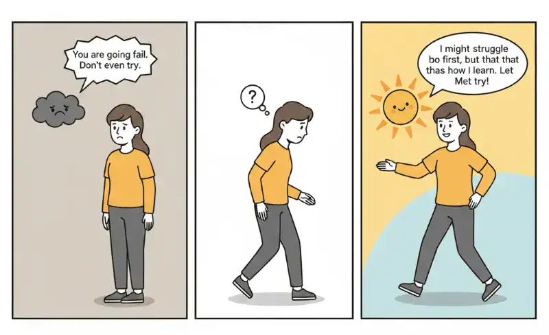 A comic strip to show how to talk internal to move away from fixed thoughts and to move towrds the growth oriented thoughts. 