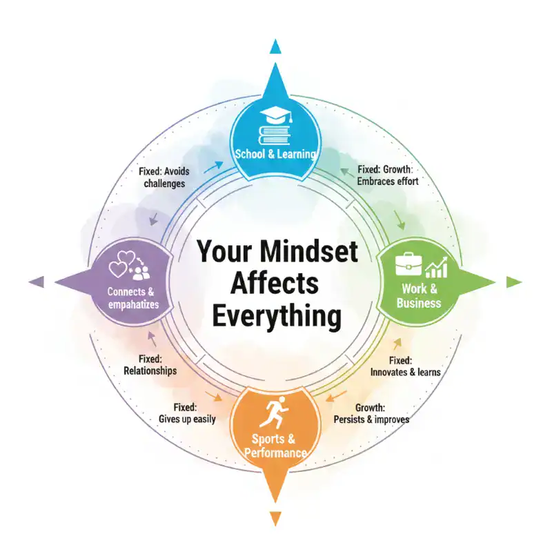The diagram of how mindset affects everything in ur life from school, business, work, relationships, to health. 