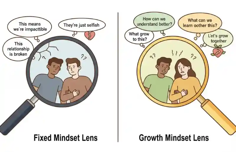 A comic strip that shows how relationship can be different in seeing through fixed and growth mindset lens. 