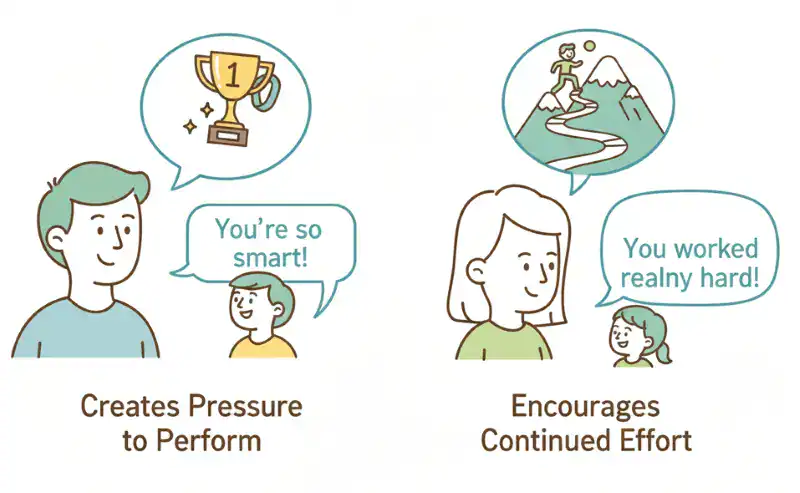 A comic strip that explains how our praise can help to cultivate a fixed or growth mindset. 