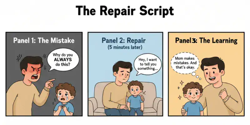 Three comic stripe of images to show the repair script for handling mistakes. Makes abstract concept tangible. Emotionally resonant.