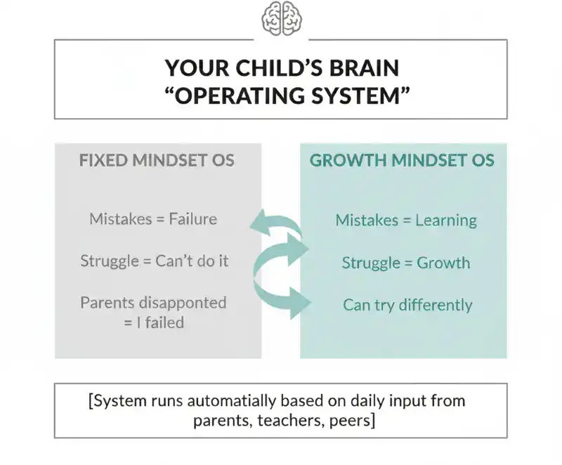 The diagram of the child's brain "operating system that shows how fixed and growth mindset works.