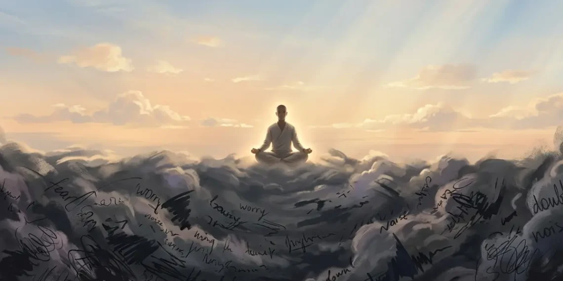 The image of the person sitting in meditation pose on the clouds of confusion, doubts and various confusions to show that you are not mind.