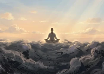 The image of the person sitting in meditation pose on the clouds of confusion, doubts and various confusions to show that you are not mind.