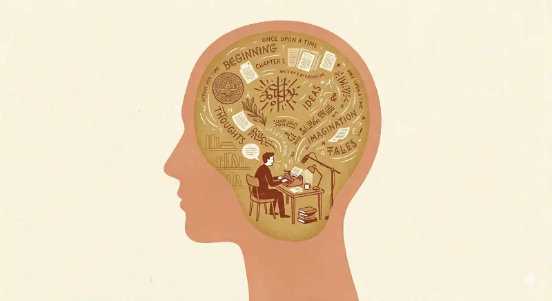 SIlloute of human head and inside lot of thoughts and ideas to show how we become narrator inside our mind. 
