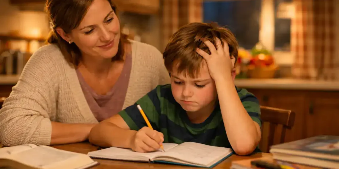 Image of the child doing homework with a smiling supportive parent.