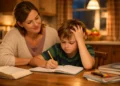 Image of the child doing homework with a smiling supportive parent.