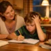 Image of the child doing homework with a smiling supportive parent.