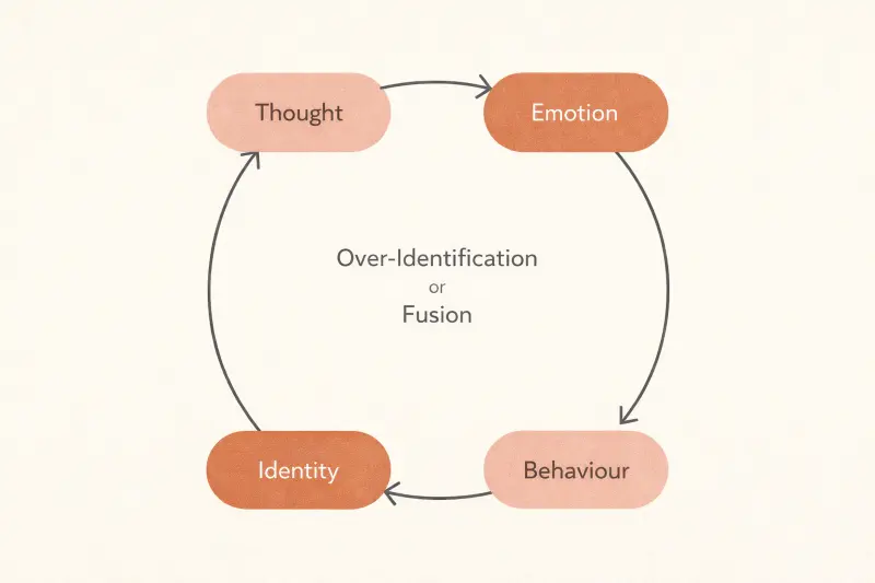  An infographic diagram showing a circular loop with four labelled nodes: "Thought" → "Emotion" → "Behaviour" → "Identity" → back to "Thought" to show how we live in loop in our mind. 