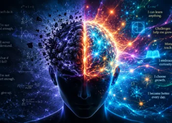 A vibrant illustration of a human silhouette with glowing neural pathways inside the brain, symbolizing growth mindset, learning, and neuroplasticity through challenge and transformation.