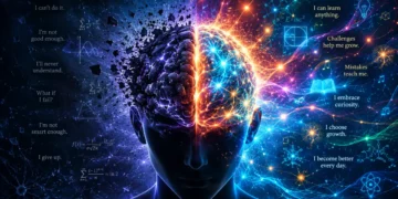 A vibrant illustration of a human silhouette with glowing neural pathways inside the brain, symbolizing growth mindset, learning, and neuroplasticity through challenge and transformation.