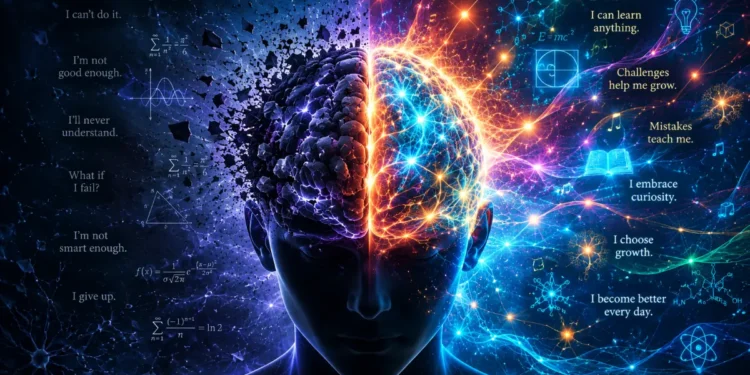 A vibrant illustration of a human silhouette with glowing neural pathways inside the brain, symbolizing growth mindset, learning, and neuroplasticity through challenge and transformation.
