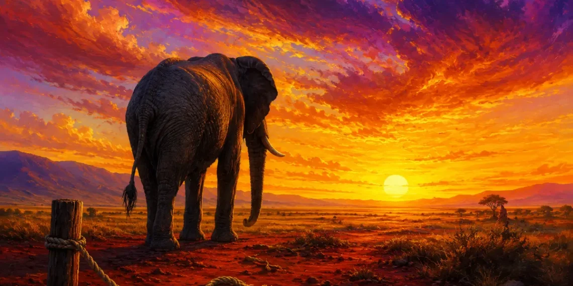 An AI image of an elephant tied with thin rope around a wooden pole. The elephant is looking at the beautiful sunrise to show the potentiality to breakfree.