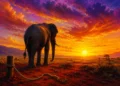 An AI image of an elephant tied with thin rope around a wooden pole. The elephant is looking at the beautiful sunrise to show the potentiality to breakfree.