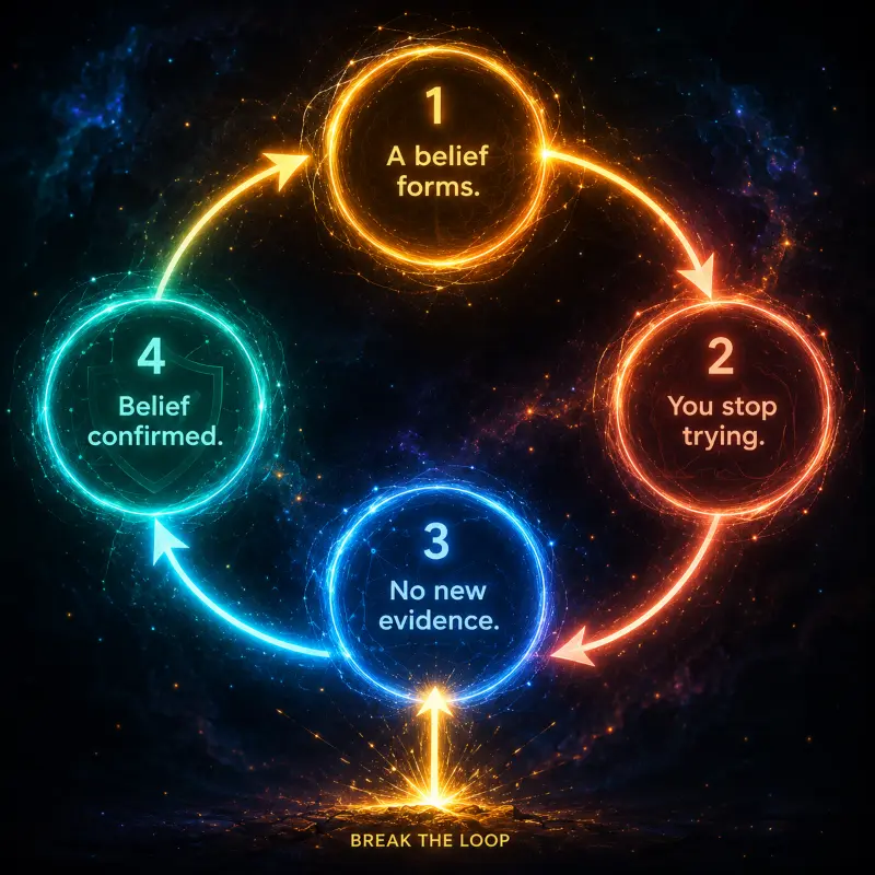 A diagram which shows how our beliefs becomes limiting beliefs and how to break them. 