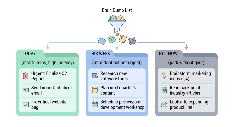 Infographic showing a brain dump list being sorted into three folders: Today (max3 items), this week, and Not Now.