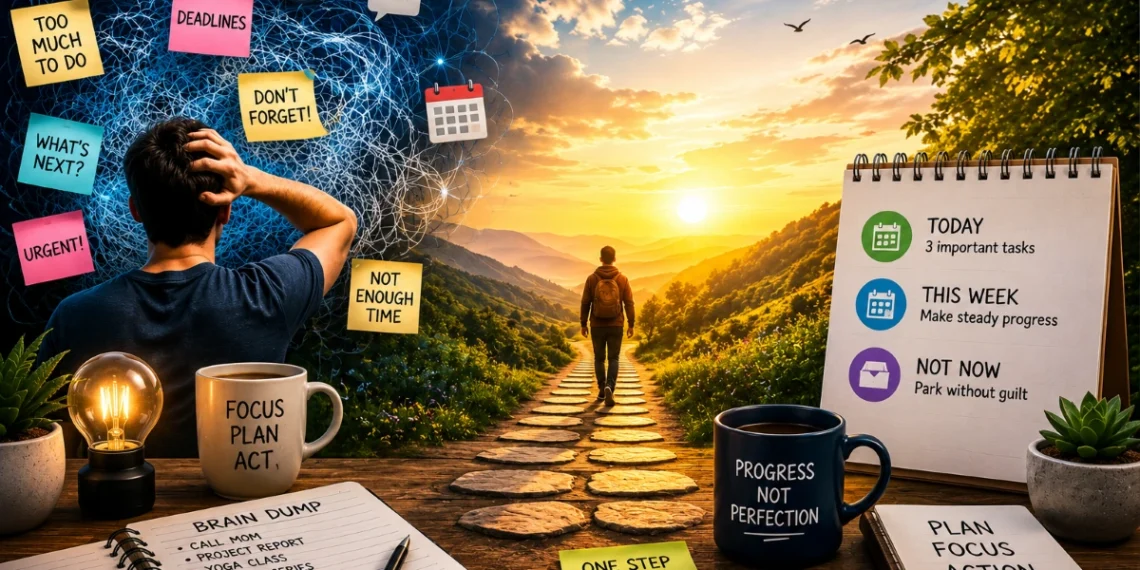Illustration of overcoming mental overwhelm through focus and small steps, featuring a transition from stress and mental clutter to clarity, productivity, emotional balance, and personal growth.