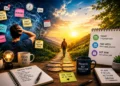 Illustration of overcoming mental overwhelm through focus and small steps, featuring a transition from stress and mental clutter to clarity, productivity, emotional balance, and personal growth.