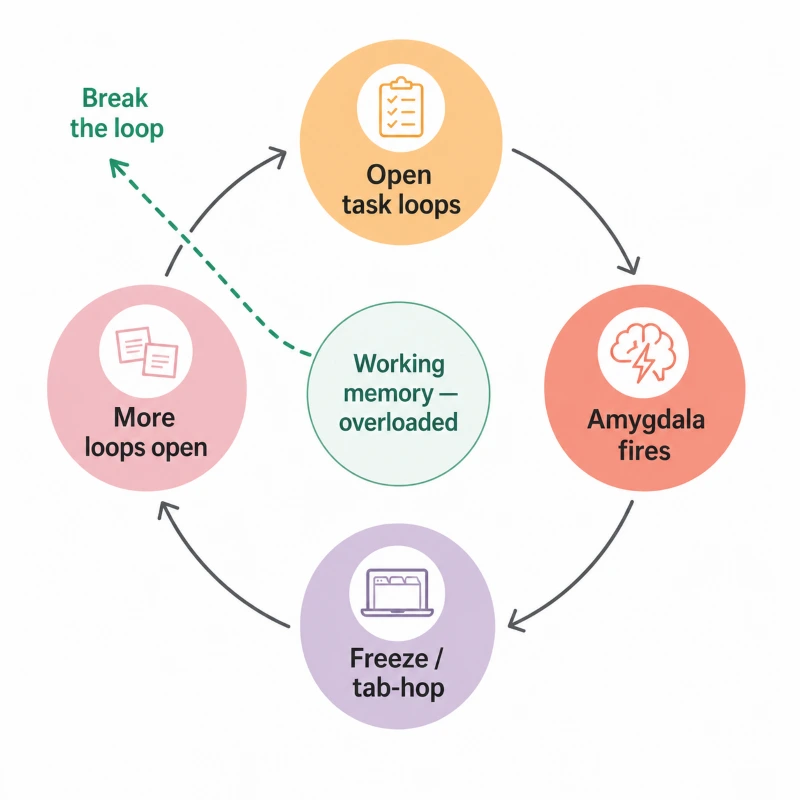 Circular diagram showing how unfinished tasks trigger amygdala, cause cognitive overload, and create a freeze loop